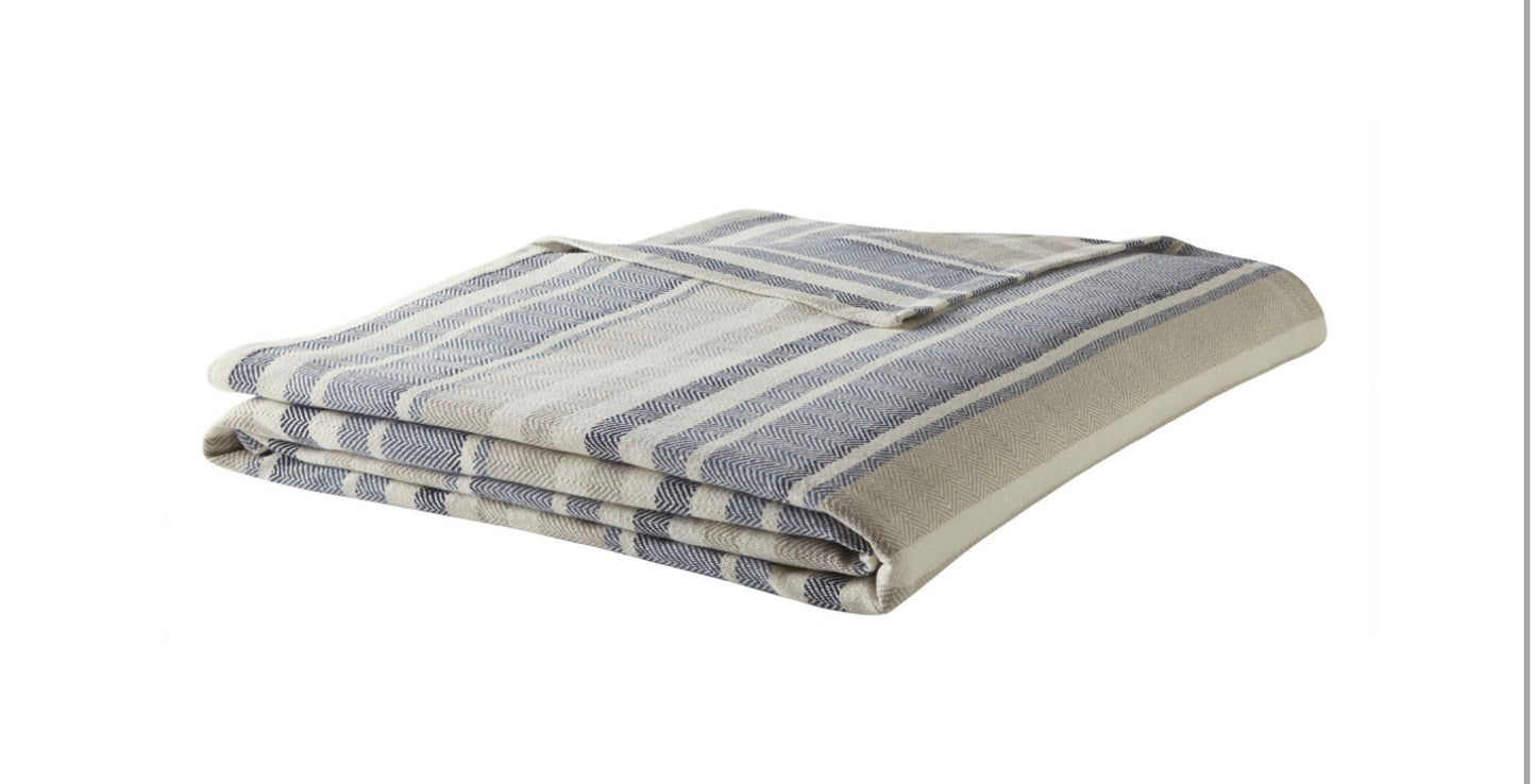 Blue and beige striped Eddie Bauer Home cotton blanket in a herringbone pattern. Full/Queen
