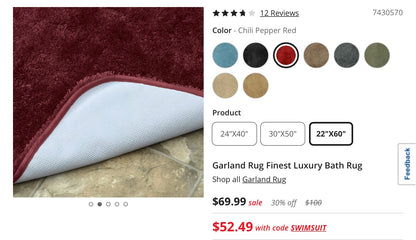 Garland Rug Finest Luxury Bath Rug 22”x60”-Chili Red