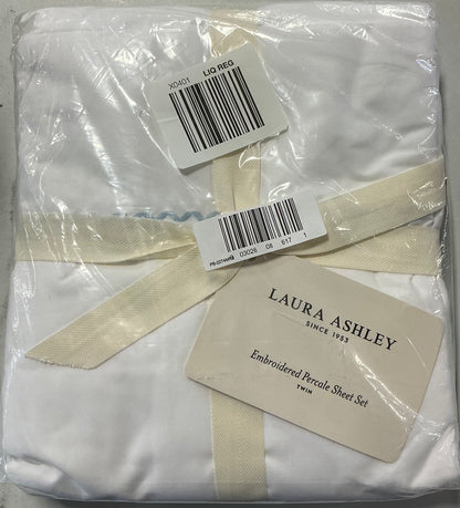 Laura Ashley Scallop Embroidered 3 Pieces Sheet Set Twin-Included(1 Pillowcase,1 Flat Sheet,1 Fitted Sheet)-White