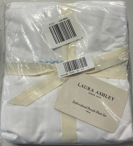 Laura Ashley Scallop Embroidered 3 Pieces Sheet Set Twin-Included(1 Pillowcase,1 Flat Sheet,1 Fitted Sheet)-White