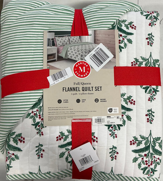 Martha Stewart Full/Queen Flannel Quilt Set 3 pieces-Green/Red/White