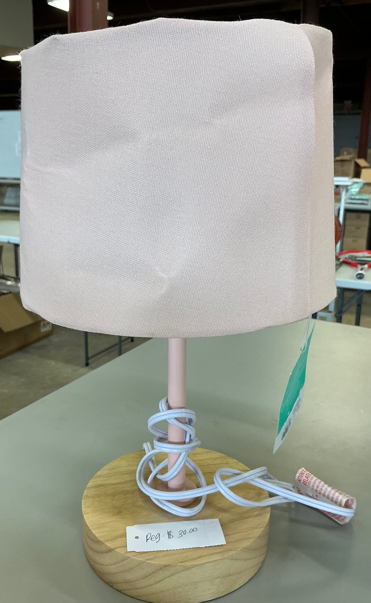 Kids’ table lamp pink/wood - AS IS - DENTED LAMP SHADE - MINOR COSMETIC FLAW