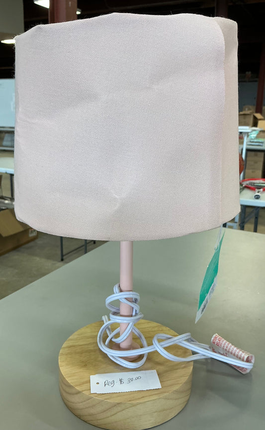 Kids’ table lamp pink/wood - AS IS - DENTED LAMP SHADE - MINOR COSMETIC FLAW
