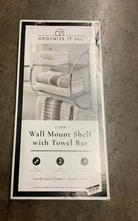 2 Tier Wall Mounted Shelf with Towel Bar Silver - Organize It All: Metal Bathroom Organizer, Universal Storage
