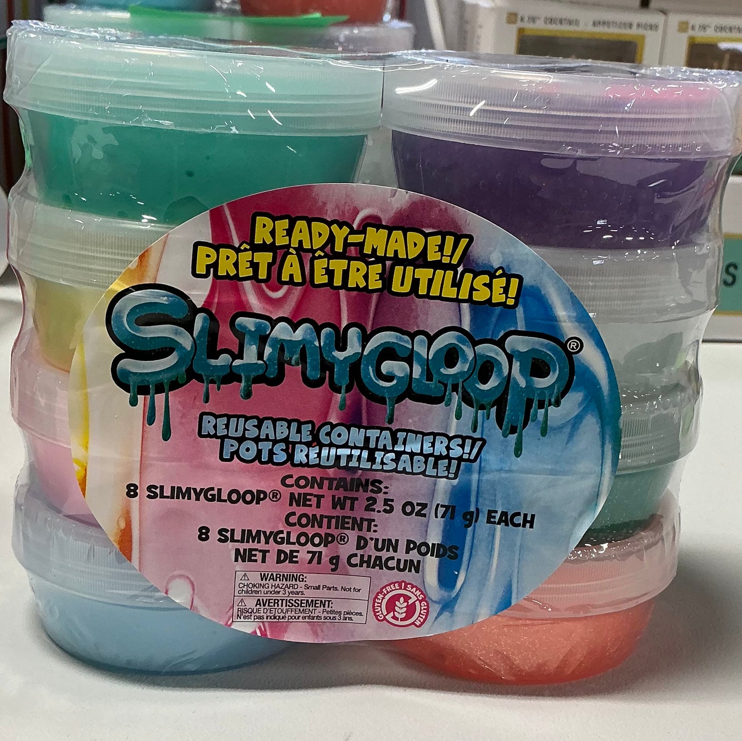 Slimygloop Ready-Made! reusable containers in 2.5 oz sizes.The set includes 8 individual jars