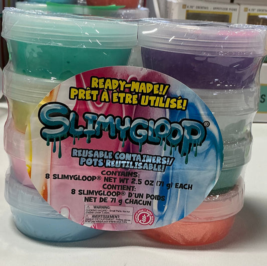 Slimygloop Ready-Made! reusable containers in 2.5 oz sizes.The set includes 8 individual jars