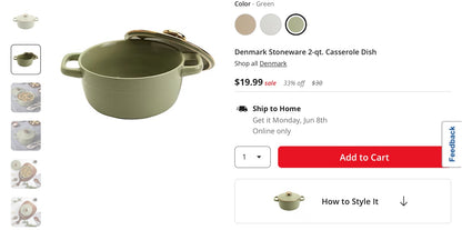 Denmark Stoneware 2-qt. Casserole Dish- Measurements: 8.6 Width/Inches, 10.5 Height/Inches
Capacity: 2 Qt
Maximum Temp (f): 400 Degrees F