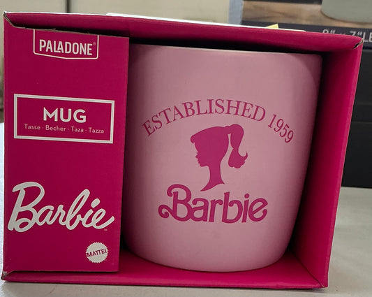 Paladone Barbie Classic Mug featuring a pink design with the Barbie logo and silhouette