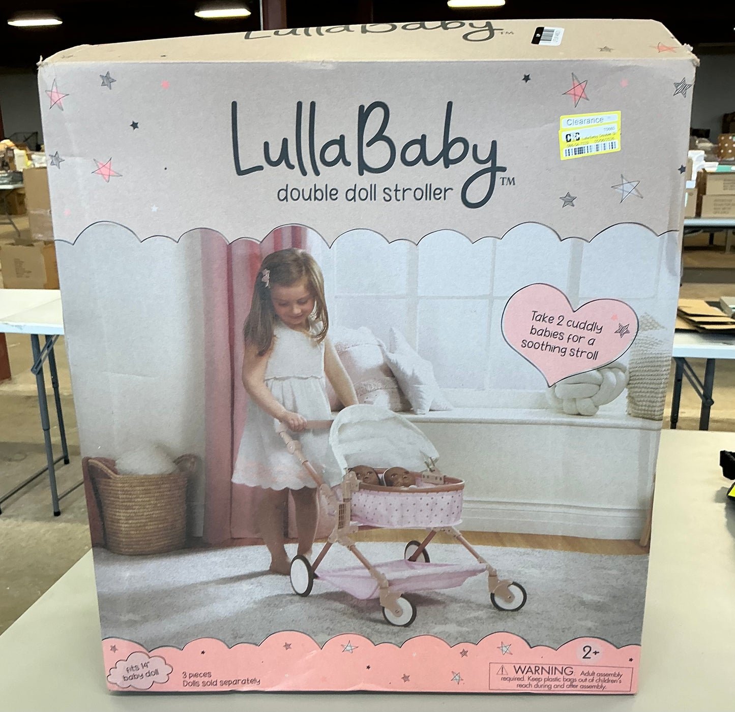 LullaBaby double stroller pink carriage with golden star print - OPEN/DAMAGE BOX - PRODUCT IS NEW