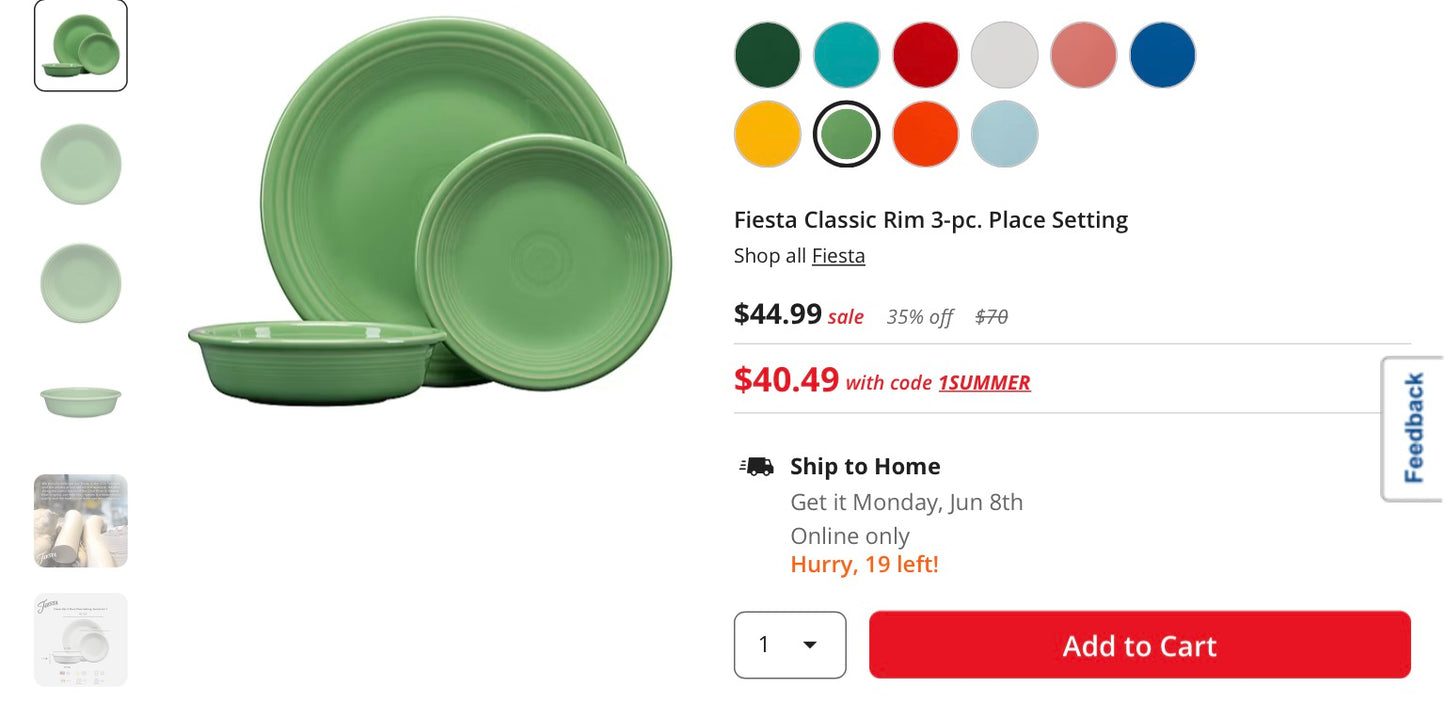 Fiesta Classic Rim 3-pc. Place Setting color Meadow