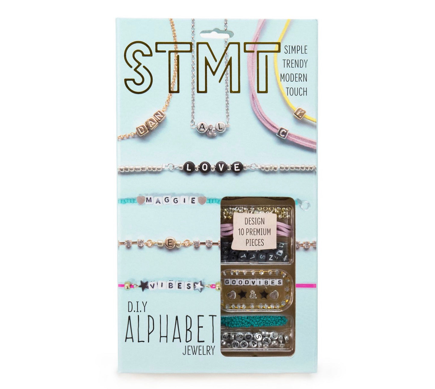STMT D.I.Y. Alphabet Jewelry Kit in a light blue package designed to create 10 personalized pieces.