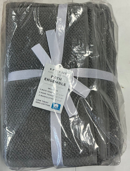 100% cotton quick dry loop textured 6 piece bath towel set grey