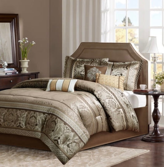 Madison Park Bellagio 7-piece jacquard comforter set in brown and gold king