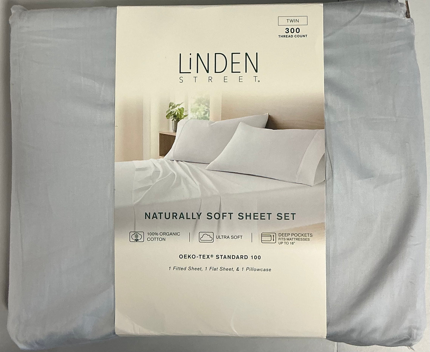 Linden Street 300tc Naturally Soft Organic Cotton 3 Pieces Sheet Set Twin-Included(1 Flat Sheet,1 Pillowcase,1 Fitted Sheet)-Color(Silver Zipplin)