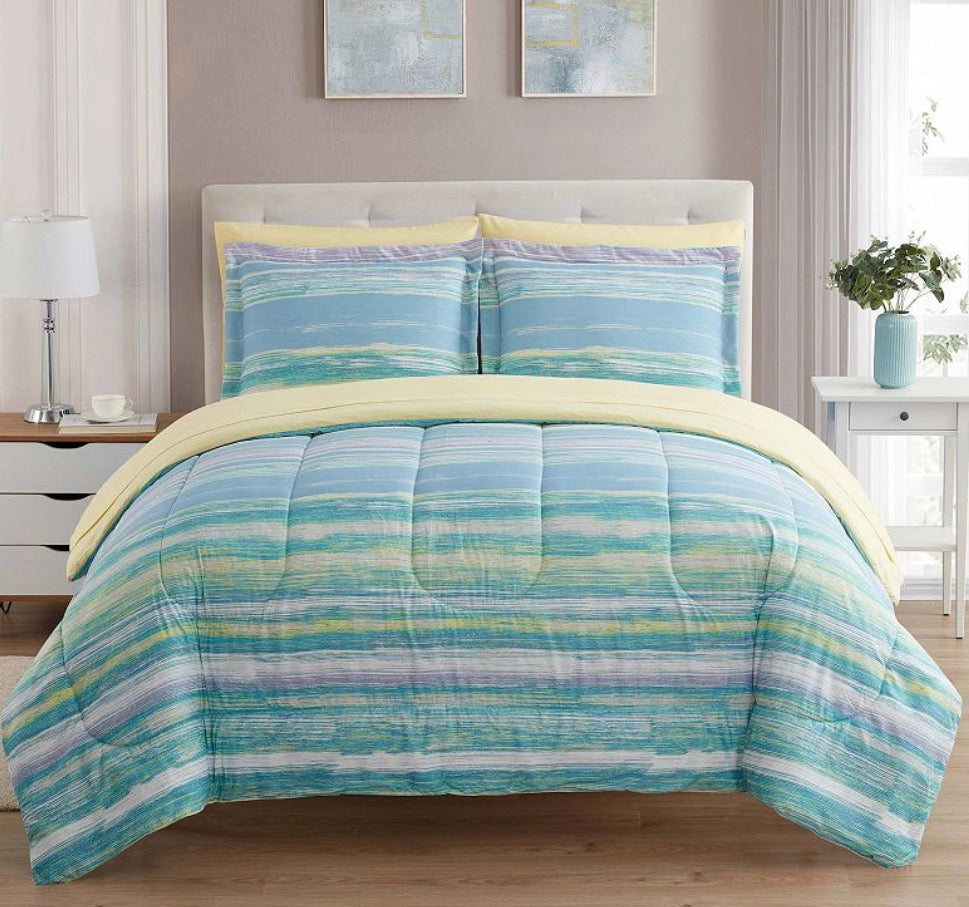 Sweet Home Collection Sorento 7-Piece Bed in a Bag Set in King size featuring a blue and yellow striped pattern
