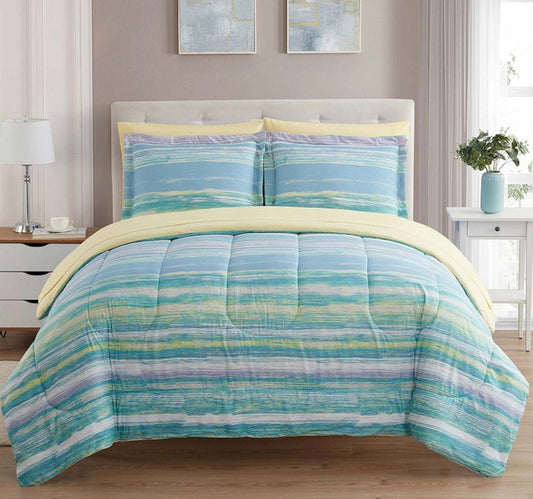 Sweet Home Collection Sorento 7-Piece Bed in a Bag Set in King size featuring a blue and yellow striped pattern