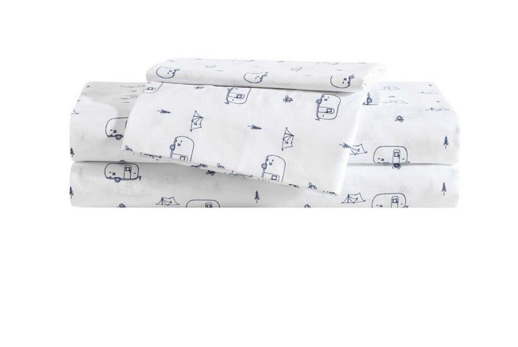 Eddie Bauer Travel Trailer 3 Pieces Sheet Set Twin XL-Included(1 FittedSheet,1 Pillowcase,1 Flat Sheet)-White/Blue