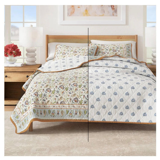 Linery Bordered Boho Floral Cotton Reversible Quilt Set 3 Pieces Full/Queen-Color(Boho Ivory Floral)