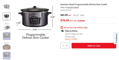 Hamilton Beach Programmable Defrost Slow Cooker