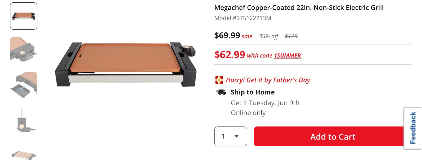 Megachef Copper-Coated 22in. Non-Stick Electric Grill