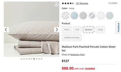 Madison Park Peached Percale Cotton 4 Pieces Sheet Set-Included(1 Flat Sheet, 1 Fitted Sheet and 2 Pillowcases)-Ivory