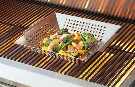 Mr. Bar-B-Q Stainless Steel Grilling Wok featuring a perforated design and integrated handles.