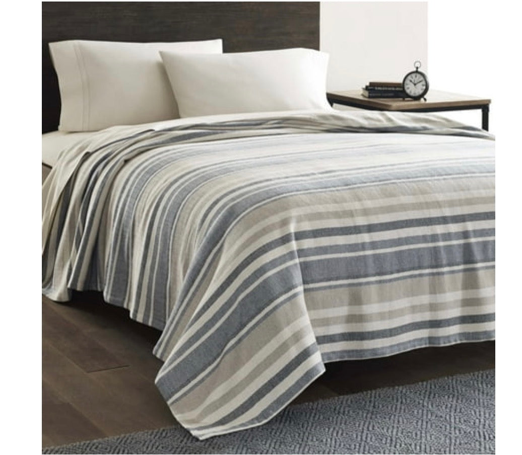 Blue and beige striped Eddie Bauer Home cotton blanket in a herringbone pattern. Full/Queen
