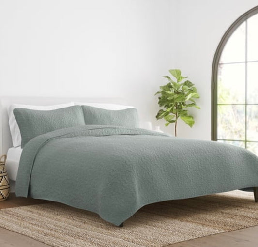 Casual Comfort Floral Stitch Quilt Set Color - Eucalyptus king/cal