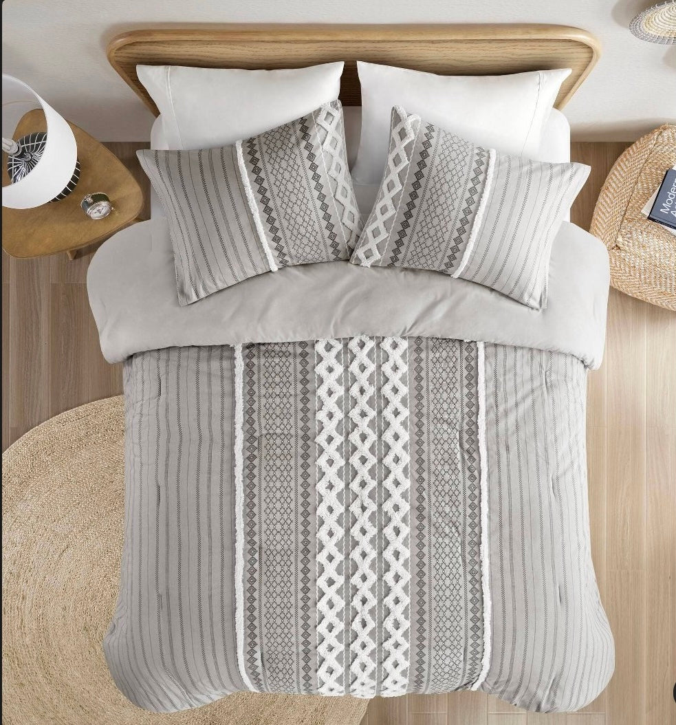 3pcKing/California King Imani Cotton Printed
Comforter Set with Chenille Gray: Mid-Century Geometric, Hypoallergenic, OEKO-TEX Certified