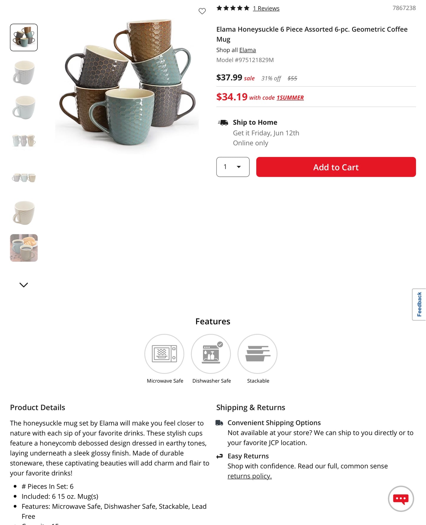 Elama Honeysuckle 6 Piece Assorted 6-pc. Geometric Coffee Mug - Open Box