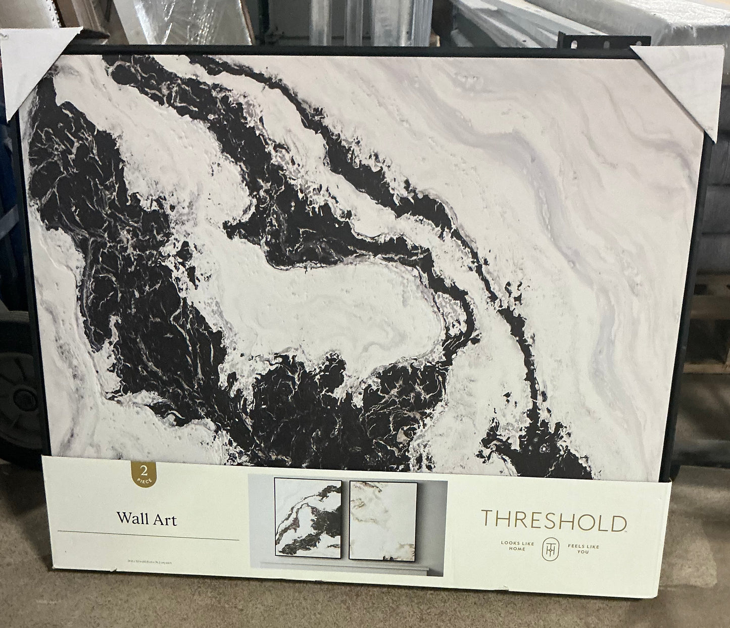 30x24” 2pk marble framed printed canvases black/tan: abstract digital art - AS IS - DAMAGED BACKSIDE - PICK UP ONLY