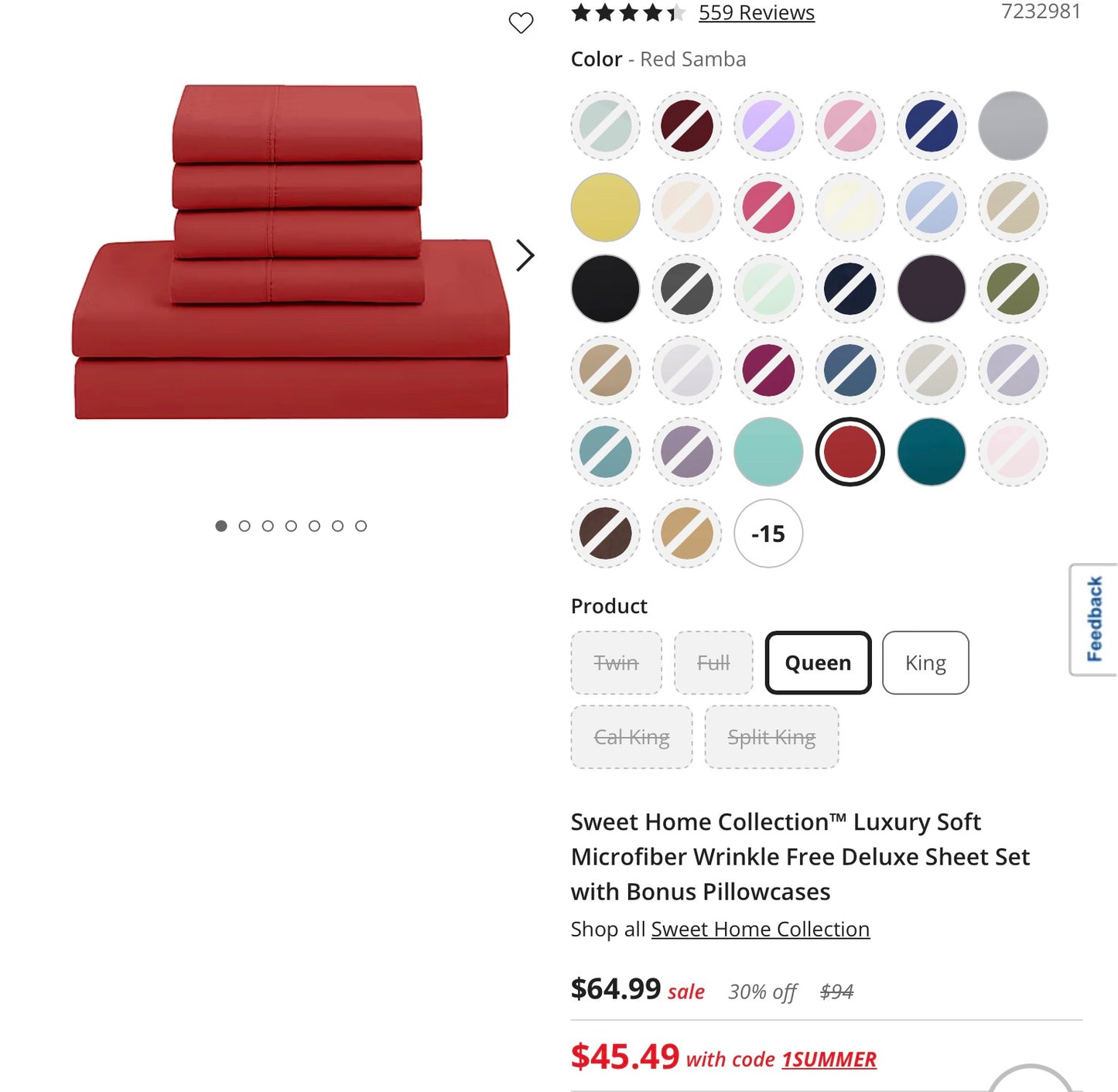 Sweet Home Collection™ Luxury Soft Microfiber Wrinkle Free Deluxe 6 Pieces Sheet Set 1500 Thread Count-Included(1 Flat Sheet, 1 Fitted Sheet and 4 Standard Pillowcases)-Red