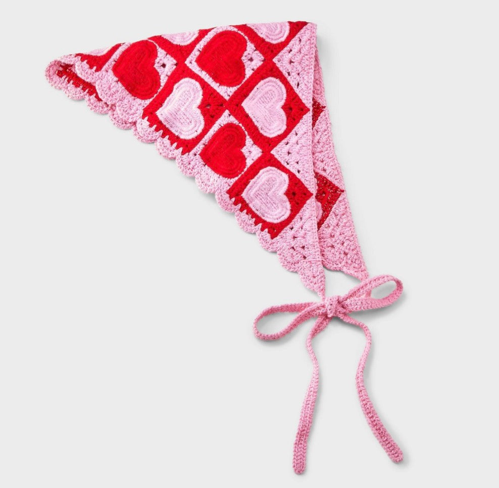 Knit Heart Headscarf in red and pink