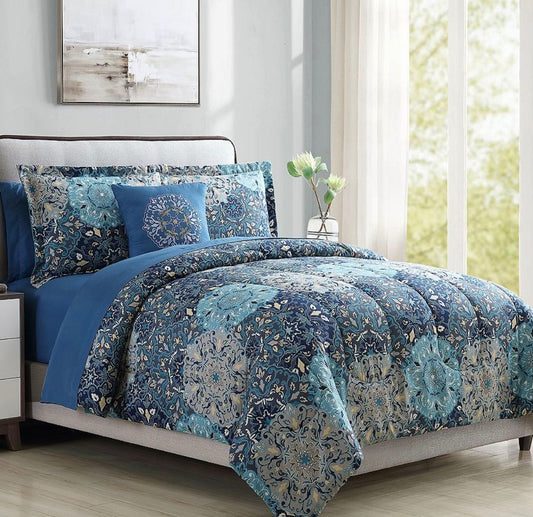 Modern Threads Granada Reversible Complete Bedding Set 6 Pieces Twin-Included(1 Comforter,1 Standard Sham,1 18”x18”Decorative Pillow,1 Flat Sheet,1 Standard Pillowcase,1 Fitted Sheet)-Blue