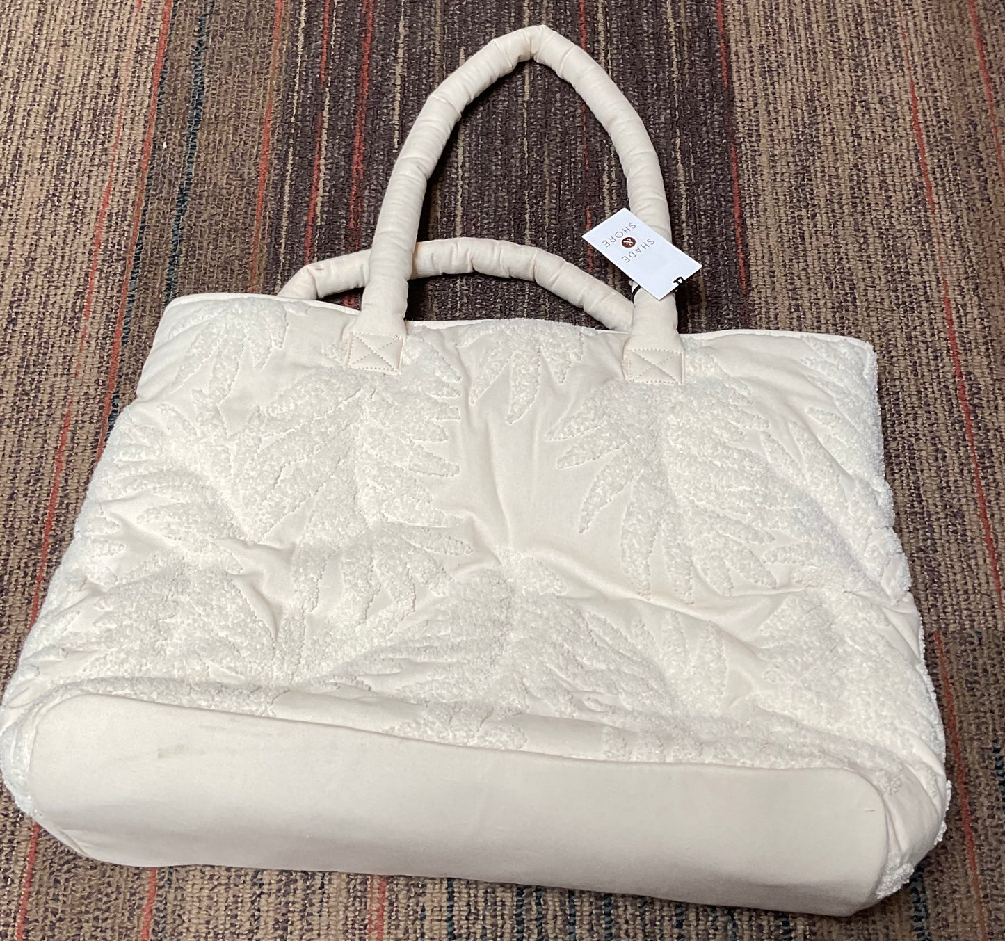 (Clearance )Terry Tote Handbag - White Botanical Leaf Pattern, Recycled Cotton, Softside