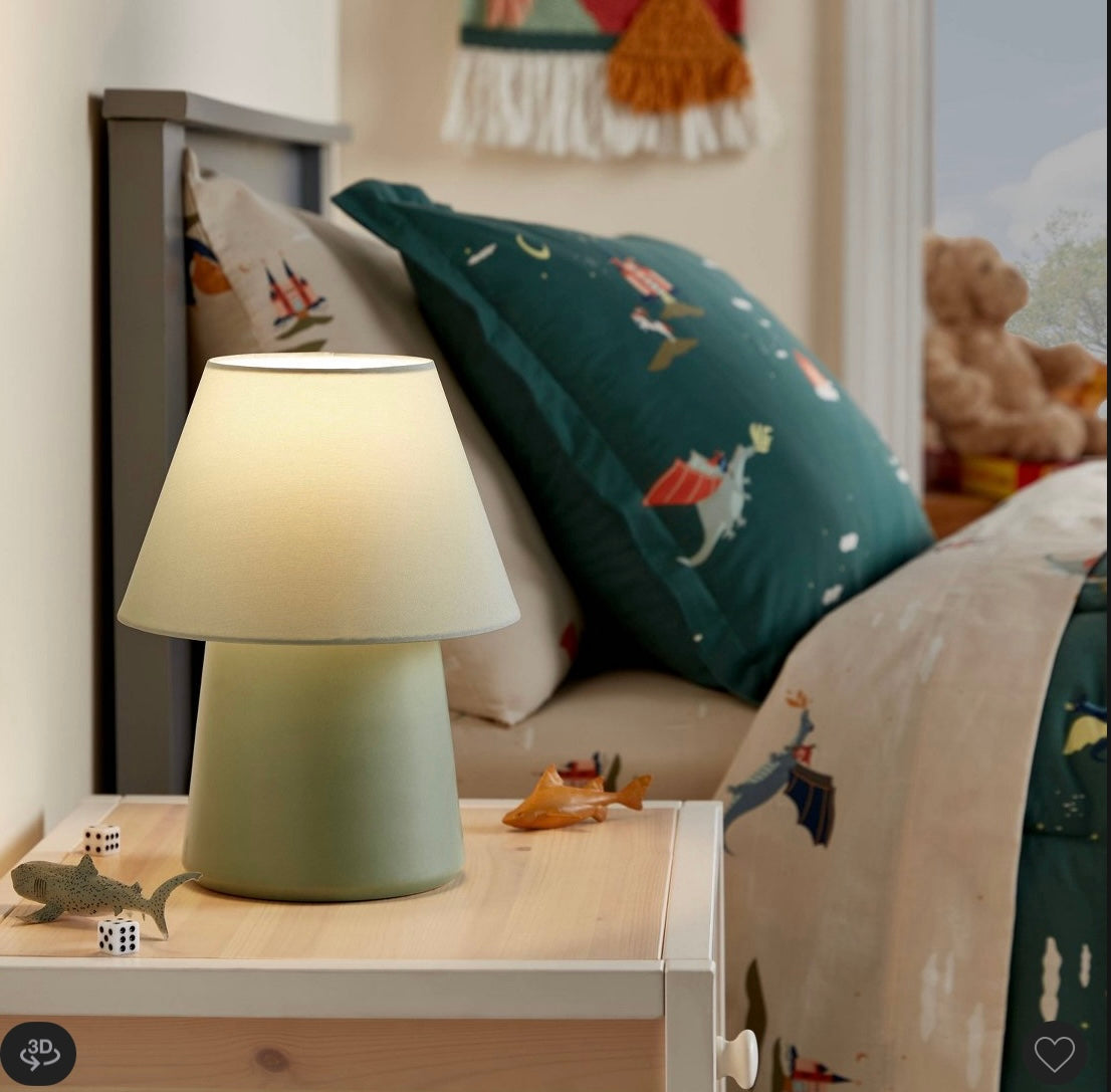 Mini kids’ table lamp green: ceramic accent, drum shade, ETL listed, 60W max, inline switch - SOME COSMETIC FLAWS