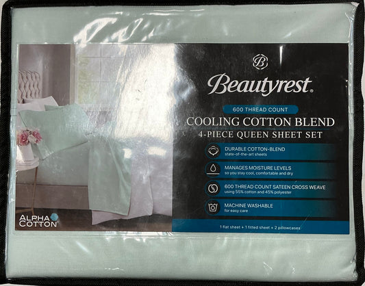 Beautyrest 600 Thread Count Cooling Cotton Blend 4 Pieces Sheet Set Queen-Included (1 Flat Sheet,1 Fitted Sheet and 2 Standard Pillowcases)-Seafom Blue
