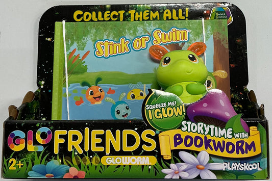 Playskool Glo Friends Storytime with Bookworm toy set including a glow-in-the-dark toy and a storybook