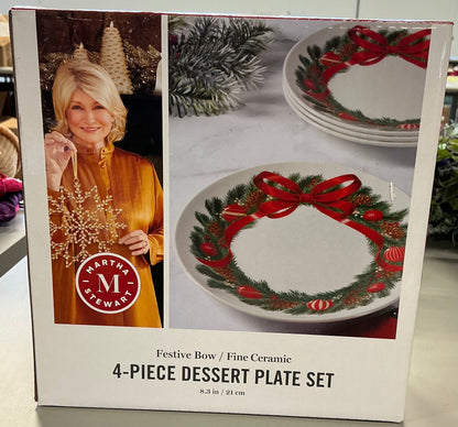 Martha Stewart Festive Bow 4-pc.Ceramic Dessert Plate Set