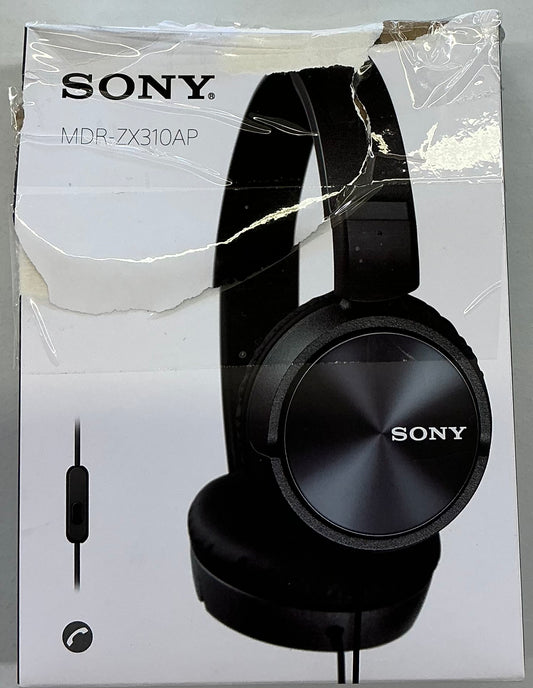 Sony MDR-ZX310AP black on-ear wired headphones with a built in microphone and a folding design-open box-inspected