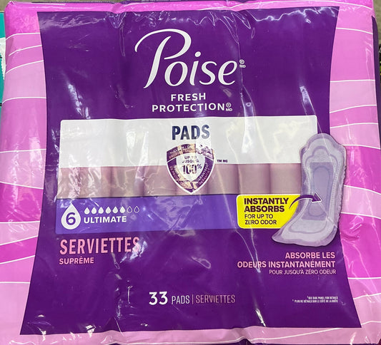 Poise Incontinence Pads for Women, Maximum Absorbency, Long, Pack of 33