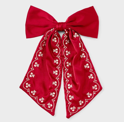 Satin hair bow with hearts embroidery