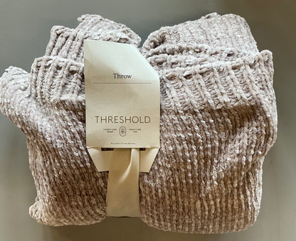 50”x60” shiny chenille throw blanket neutral: soft knitted, reversible