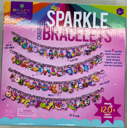 Sparkle Charm Bracelet DIY craft kit featuring various themed puffy sticker charms