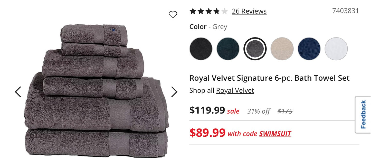 Royal Velvet Signature 6 Pieces Bath Towel Set-Included(2 Bath Towel,2 Hand Towel and 2 Washcloth)-Gray