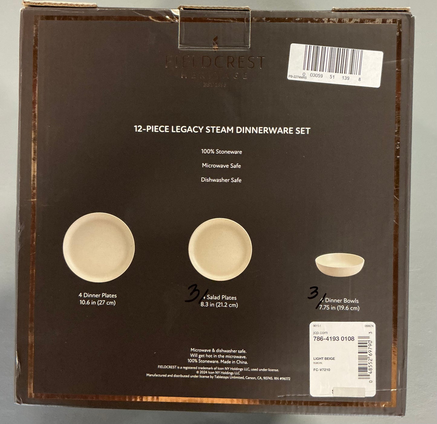 Fieldcrest Legacy Denim 12-pc. Stoneware Dinnerware Set - Open Box - MISSING 1 Bowl & 1 Small Plate - AS IS