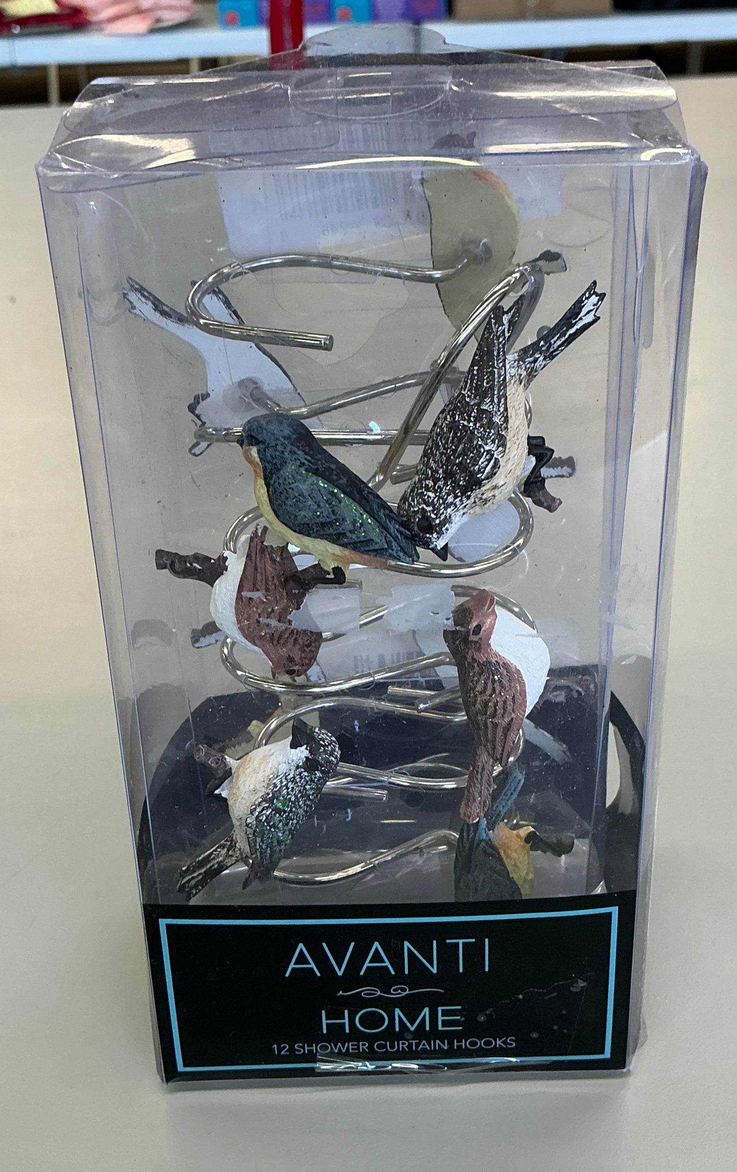 Thrifty 70- Avanti Love Nest 12 Shower Curtain Hooks, never used only two birds are damaged-one has a broken beak and tail & the other just the tail- As is- Final sale- No return