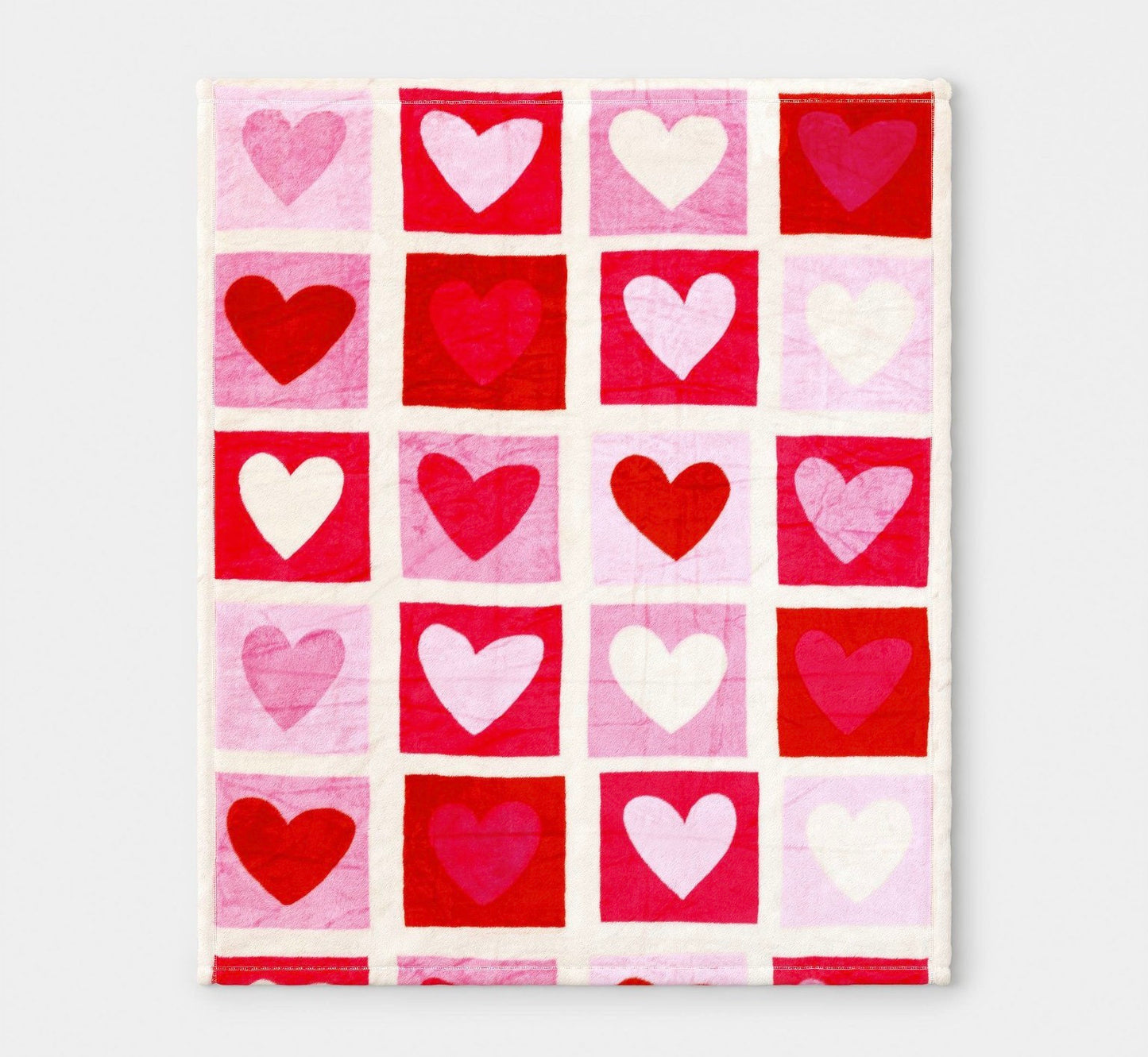 Valentine's Day heart check printed plush throw blanket in pink, red and white