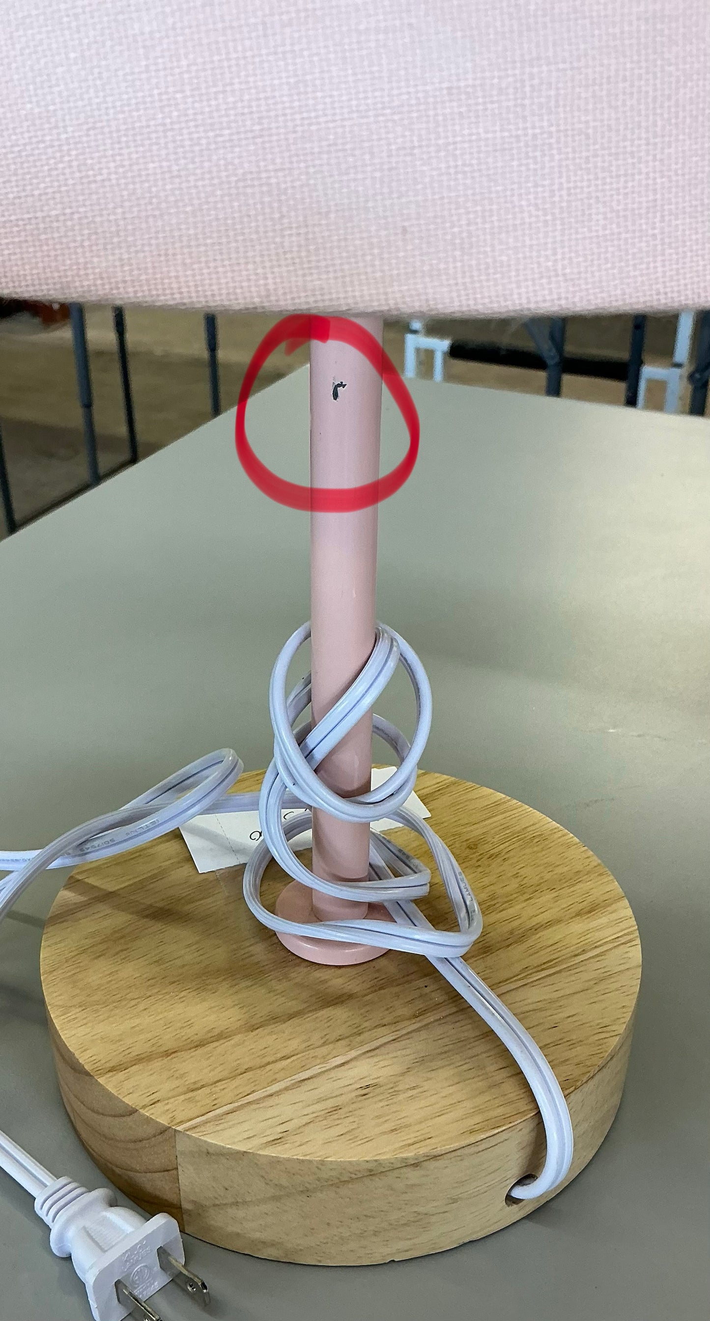 Kids’ table lamp pink/wood - AS IS - DENTED LAMP SHADE - MINOR COSMETIC FLAW