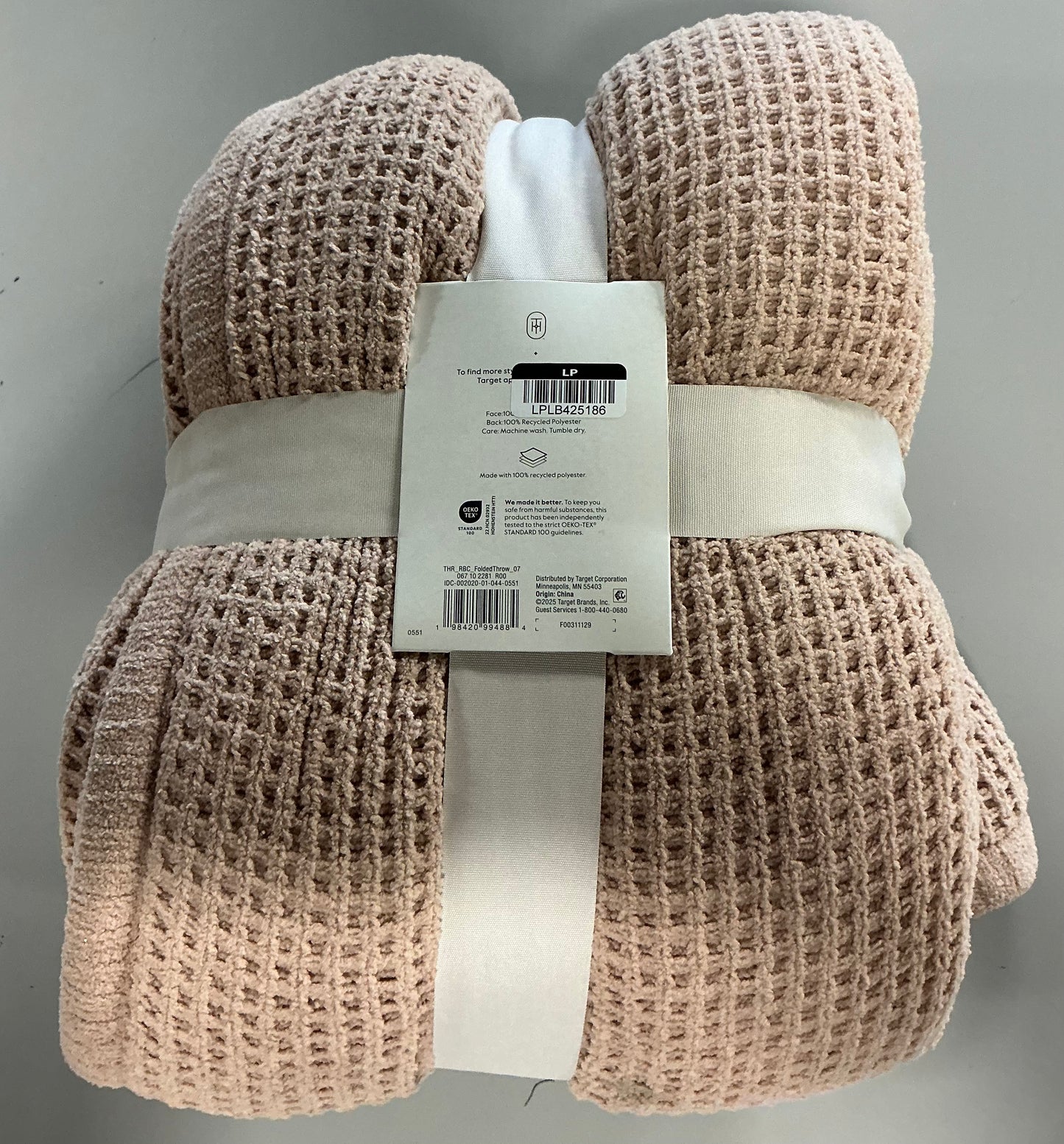 Chenille knit throw blanket with faux shearling reverse tan 50x60”